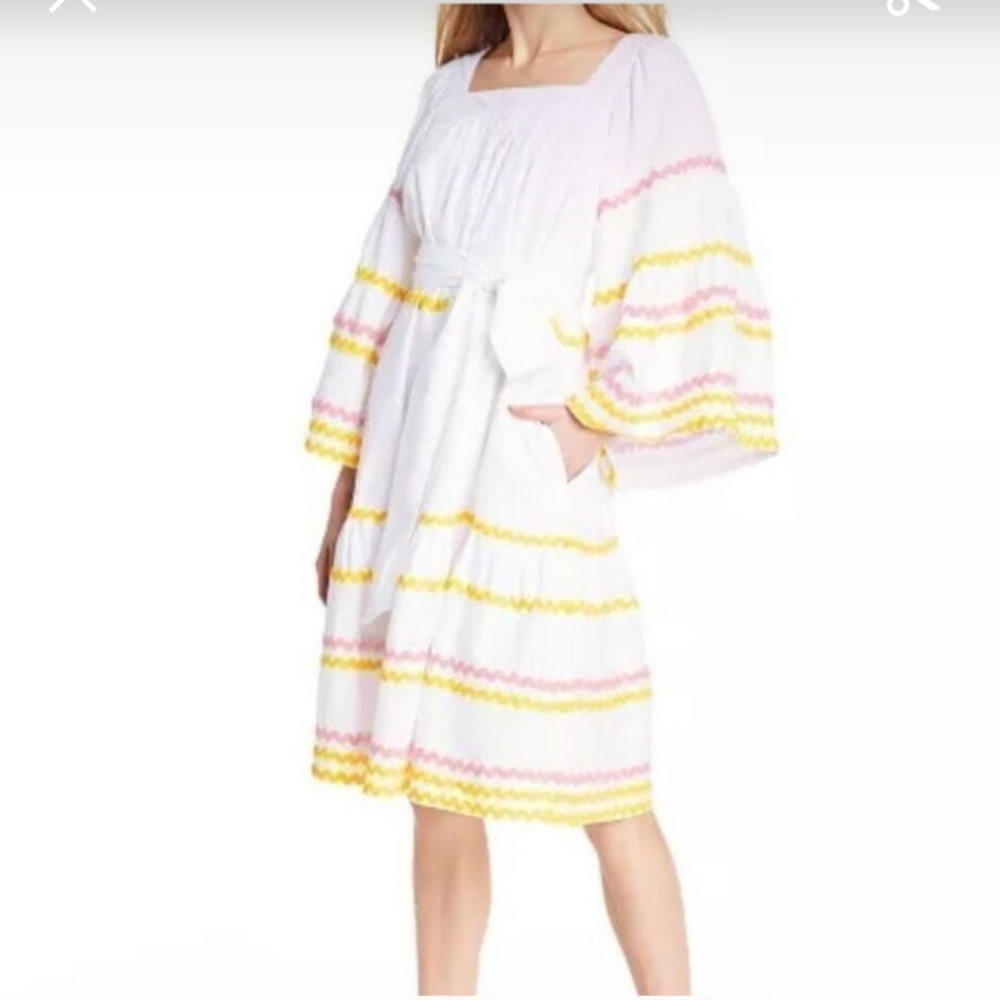 Lisa Marie Fernandez Target White Linen Dress Pink Yellow Scalloped Trim Size XS
